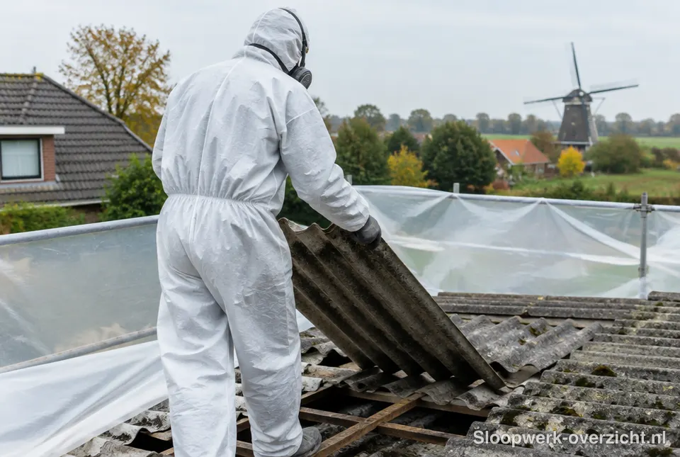 Asbestsanering met afgeschermde ruimte en beschermende kleding